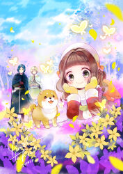 Rule 34 | 1girl, 2boys, absurdres, animal, blonde hair, blue cloak, blue hair, blue tunic, blush, brother and sister, brown gloves, brown hair, bug, butterfly, child, chs-tara, cloak, closed mouth, coat, crossed arms, dated, dog, flower, forest, gloves, glowing butterfly, grass, green cloak, green hair, green tunic, hair ribbon, hands on own cheeks, hands on own face, highres, insect, isekai de mofumofu nadenade suru tame ni ganbattemasu, lips, looking at another, lying, medium hair, multiple boys, nature, nefertima osphe, on stomach, orange ribbon, puppy, purple eyes, ralfreed osphe, red coat, red gloves, ribbon, short hair, siblings, signature, smile, wilherd rega gache, winter clothes, yellow flower, yellow gloves