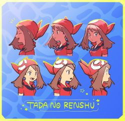 Rule 34 | 1girl, bad id, bad twitter id, bandana, brown hair, closed eyes, closed mouth, commentary request, creatures (company), game freak, grey eyes, highres, laughing, long hair, looking to the side, may (pokemon), multiple views, nintendo, open mouth, pokemon, pokemon rse, red bandana, red shirt, shirt, short sleeves, smile, star (symbol), teeth, terrible burst