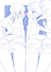 Rule 34 | 2girls, ass, back, bent over, blue theme, blush, breasts, commentary, denim, denim shorts, from behind, glasses, hair ribbon, hanasaki tsubomi, heartcatch precure!, highres, in-franchise crossover, leaning forward, long hair, looking at viewer, looking back, low twintails, lowleg, lowleg shorts, micro shorts, miyagoe yoshitsuki, monochrome, multiple girls, natsuumi manatsu, nipples, open mouth, outside border, panties, precure, ribbon, rimless eyewear, round eyewear, shorts, side-by-side, side ponytail, small breasts, smile, standing, string panties, striped clothes, striped panties, thong, tropical-rouge! precure, twintails, underwear, v, whale tail (clothing)