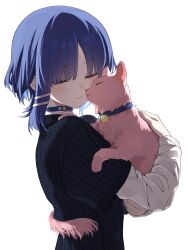 Rule 34 | 2girls, :3, absurdres, animal, animalization, black sweater, blue collar, blue hair, blunt bangs, blush, bocchi the rock!, cat, closed mouth, collar, cube, furrowed brow, gotoh hitori, hair ornament, hairclip, highres, holding, holding animal, holding cat, hug, hugging tail, licking, licking another&#039;s face, long sleeves, mole, mole under eye, multiple girls, nenehotoso, parted bangs, pink fur, short hair, sidelocks, simple background, smile, sweater, tail, tail wrap, tears, tongue, tongue out, upper body, whiskers, white background, white sleeves, yamada ryo