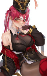 Rule 34 | 1girl, absurdres, arm support, bad id, bad twitter id, bare shoulders, black jacket, black leotard, blush, breasts, brown gloves, brown pantyhose, cleavage, colored inner hair, gloves, grin, hand up, hat, highres, hololive, houshou marine, houshou marine (marching band), jacket, large breasts, leotard, long sleeves, mookie (e mook9), multicolored hair, open clothes, open jacket, pantyhose, puffy long sleeves, puffy sleeves, red eyes, red hair, see-through, see-through cleavage, shako cap, simple background, smile, solo, virtual youtuber, white background, white hair, yellow eyes