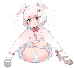 Rule 34 | 10s, 1girl, animal ears, ankle ribbon, black eyes, choir (artist), clothes lift, commentary request, extra ears, flying sweatdrops, full body, gloves, gradient hair, gradient legwear, hair ornament, hairclip, high heels, hugging own legs, kemono friends, knees together feet apart, leg ribbon, looking at viewer, multicolored clothes, multicolored hair, multicolored legwear, neck ribbon, panties, pig (kemono friends), pig ears, pink hair, pink ribbon, ribbon, short hair, simple background, sitting, solo, thighhighs, underwear, wavy mouth, white background, white gloves, white hair, white panties