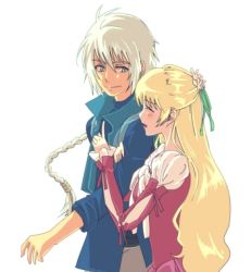 Rule 34 | 1boy, 1girl, belt, blonde hair, blue eyes, blush, braid, breasts, claire bennett, dress, closed eyes, flower, long hair, open mouth, pants, ribbon, smile, tales of (series), tales of rebirth, veigue lungberg, white hair