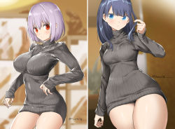 Rule 34 | 10s, 2girls, :&lt;, arm at side, artist name, blue eyes, blue hair, blurry, blurry background, breasts, cowboy shot, dress, fingernails, grey dress, grey sweater, gridman universe, hair between eyes, hand up, impossible clothes, large breasts, light purple hair, long hair, looking at viewer, medium breasts, multiple girls, red eyes, ribbed sweater, ruffling hair, shinjou akane, short hair, ssss.gridman, sweater, sweater dress, takarada rikka, thighs, turtleneck, turtleneck sweater, twitter username, tyone
