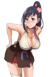 Rule 34 | 1girl, ayame (kabaneri), bandaged leg, bandages, bare shoulders, black hair, blue eyes, blue hair, blush, breasts, cleavage, closed mouth, cosplay, covered erect nipples, female focus, flower, frown, hair flower, hair ornament, hand on own ass, high ponytail, huge breasts, koutetsujou no kabaneri, leaning forward, long hair, matching hair/eyes, mumei (kabaneri), mumei (kabaneri) (cosplay), nose blush, ponytail, scarf, shibusun, simple background, skirt, solo, standing, white background, yomogawa ayame