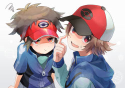 Rule 34 | 2boys, baseball cap, blue jacket, brown hair, cocoloco, commentary request, creatures (company), game freak, hand up, hat, hilbert (pokemon), jacket, long sleeves, looking at another, looking away, male focus, multiple boys, nate (pokemon), nintendo, open mouth, pokemon, pokemon bw, pokemon bw2, pout, red eyes, red headwear, shaded face, short sleeves, simple background, v-shaped eyebrows, visor cap, white background, zipper pull tab