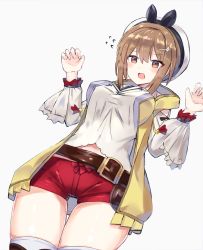 Rule 34 | 1girl, :o, atelier (series), atelier ryza, atelier ryza 1, bad id, bad pixiv id, belt, beret, blush, breasts, brown eyes, brown hair, cowboy shot, frown, hair ornament, hairclip, hands up, hat, highres, large breasts, long sleeves, midriff peek, nonon (xenonbot), open mouth, red shorts, reisalin stout, shirt, short hair, short shorts, shorts, sidelocks, skindentation, solo, thigh gap, thighhighs, thighs, vest, white hat, white shirt, yellow vest