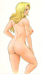 Rule 34 | 1girl, ass, back, bleach, blonde hair, breasts, female focus, large breasts, leg lift, long hair, matsumoto rangiku, mole, nipples, nude, shizuki shinra, smile, solo