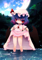 Rule 34 | 1girl, bad id, bad pixiv id, chibi, clothes lift, dress, dress lift, fang, female focus, full moon, gradient hair, hat, lifting own clothes, mob cap, moon, multicolored hair, nature, outdoors, pink dress, plant, red eyes, remilia scarlet, shaen, sky, solo, standing, touhou, wading, water, wings
