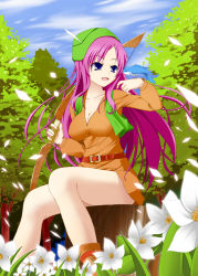 Rule 34 | 1990s (style), 1girl, archer (final fantasy), belt, bird, blue eyes, bow (weapon), breasts, cleavage, dress, faris scherwiz, female focus, final fantasy, final fantasy v, flower, forest, hat, highres, jacket, long hair, nature, outdoors, plant, purple hair, sitting, sky, solo, uchouten, weapon