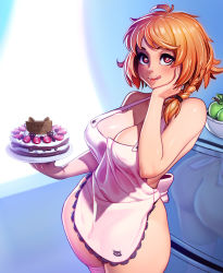 Rule 34 | 1girl, :q, apron, bare shoulders, blush, braid, breasts, brown hair, cake, cleavage, food, hand on own face, happy birthday, heart, heart-shaped pupils, highres, hip focus, large breasts, long hair, looking at viewer, mole, naked apron, nikita varb, original, pink legwear, red eyes, short hair, single braid, skindentation, solo, symbol-shaped pupils, thick thighs, thighhighs, thighs, tongue, tongue out, wide hips