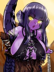 Rule 34 | 1girl, :o, au ra, warrior of light (ff14), bent over, bikini, bikini top only, black hair, black horns, black tail, blunt bangs, breasts, breath, colored skin, dragon girl, dragon horns, dragon tail, final fantasy, final fantasy xiv, fingernails, glaring, glowing, glowing eyes, halterneck, hand on own hip, highres, holding, holding weapon, horns, jewelry, large breasts, leaning forward, long fingernails, looking at viewer, neck ring, open mouth, purple skin, scales, sirachi, solo, sweat, swimsuit, tail, tail raised, weapon, yellow eyes