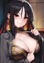 Rule 34 | 1girl, absurdres, black coat, black dress, black hair, blush, breasts, chinese clothes, chinese knot, cleavage, closed mouth, clothes lift, coat, commentary, dress, earrings, floral print, gloomyowl, goddess of victory: nikke, hair between eyes, highres, indoors, jewelry, large breasts, lifted by self, long hair, long sleeves, looking at viewer, moran (nikke), nose blush, red eyes, sidelocks, solo, standing, tassel, tassel earrings, upper body, wavy mouth