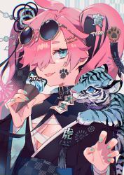 Rule 34 | 1girl, 2022, :p, animal, animal on shoulder, black collar, blue eyes, blue nails, breasts, chinese zodiac, cleavage, collar, eyewear on head, food, hair over one eye, holding, holding food, ice cream, ice cream cone, leash, long hair, long sleeves, looking at viewer, nail polish, original, paw hair ornament, pink hair, saku nosuke, solo, sunglasses, suzette (sa9no), thick eyebrows, tiger, tongue, tongue out, twintails, year of the tiger
