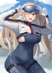 Rule 34 | 1girl, absurdres, adjusting eyewear, azur lane, blonde hair, blue bodysuit, blue sky, bluecher (azur lane), bluecher (high-altitude head over heels) (azur lane), blush, bodysuit, breasts, clothing cutout, cloud, covered navel, cropped jacket, fang, fur collar, gloves, goggles, goggles on head, highres, jacket, linea alba, long hair, looking at viewer, medium breasts, mountain, mountainous horizon, official alternate costume, one eye closed, orange eyes, outdoors, remapack77, sideboob, skin fang, skin tight, sky, snow, solo, text print, two side up, white gloves