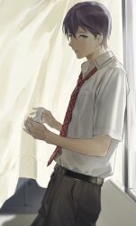 Rule 34 | 1boy, absurdres, against wall, bad id, bad twitter id, belt, black belt, black pants, collared shirt, curtains, from side, green eyes, hataya, highres, holding, kenmochi touya, looking at viewer, looking to the side, male focus, necktie, nijisanji, pants, parted lips, purple hair, red necktie, shirt, short sleeves, solo, standing, tape, virtual youtuber, white shirt, window, wing collar