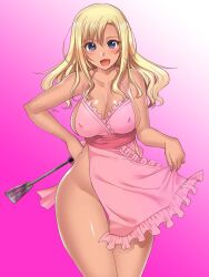 Rule 34 | 1girl, apron, blonde hair, blue eyes, blush, breasts, cleavage, covered erect nipples, dark-skinned female, dark skin, feet out of frame, female focus, gradient background, groin, highres, holding, large breasts, legs, lifted by self, long hair, looking at viewer, mecha kawa kami bitch to enkou icha life, mita kurumi, naked apron, open mouth, original, pink background, simple background, solo, spatula, standing, thighs