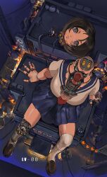 Rule 34 | 1girl, absurdres, artist name, black footwear, black hair, blue eyes, blue sailor collar, blue skirt, cable, disembodied head, from above, highres, joints, lantern, level-00, loafers, mecha, necktie, original, paper lantern, pleated skirt, red necktie, robot, robot joints, sailor collar, school uniform, serafuku, shirt, shoes, short hair, single thighhigh, sitting, skirt, solo, thighhighs, trash bag, white shirt, white thighhighs