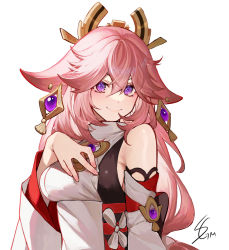 Rule 34 | 1girl, animal ears, bad id, bad pixiv id, bare shoulders, blouse, blush, breasts, detached sleeves, fox ears, genshin impact, hair ornament, highres, japanese clothes, jewelry, kimono, large breasts, long hair, looking at viewer, necklace, pendant, pink hair, purple eyes, red skirt, shirt, shotgunman, sidelocks, skirt, sleeveless, sleeveless kimono, sleeveless shirt, smile, solo, very long hair, white kimono, white shirt, wide sleeves, yae miko