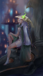 Rule 34 | 1girl, absurdres, bandages, bandaged hand, bandages, blurry, blurry background, cape, card, dice, green cape, highres, indoors, jewelry, knife, long hair, looking at viewer, mouth hold, playing card, ring, scar, scar on face, shuiping anding mian, sitting, skull on head, slay the spire, solo, the silent, very long hair, white hair, yellow eyes