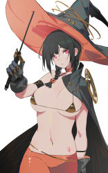 Rule 34 | 1girl, absurdres, bad id, bad pixiv id, bikini, black gloves, black hair, braid, breasts, cape, choker, cleavage, gloves, hat, highres, holding, holding wand, huang (volt0526), long hair, looking at viewer, navel, original, pink eyes, simple background, solo, swimsuit, twin braids, wand, white background, witch, witch hat