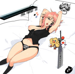Rule 34 | blue eyes, breast slip, breasts, buster sword, chocobo, cloud strife, cloud strife (cosplay), cosplay, final fantasy, final fantasy vii, final fantasy xiii, lightning farron, moogle, one breast out, overlord jc, pink hair, square enix