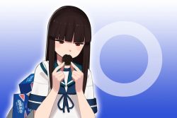 Rule 34 | 1girl, backpack, bag, black hair, blue background, blue neckerchief, blue sailor collar, blunt bangs, box, brown eyes, commentary request, cookie, eating, food, gradient background, hatsuyuki (kancolle), hime cut, kantai collection, long hair, neckerchief, official art, oreo, product placement, sailor collar, school uniform, serafuku, shibafu (glock23), solo, upper body, white background