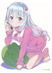 Rule 34 | 1girl, absurdres, barefoot, blue eyes, blush, bow, closed mouth, collarbone, commentary request, eromanga sensei, feet, frills, hair bow, highres, holding, izumi sagiri, kanzaki hiro, leaning forward, long hair, long sleeves, looking at viewer, pajamas, pink bow, scan, silver hair, simple background, smile, solo, stuffed animal, stuffed octopus, stuffed toy, stylus, tareme, toes, white background