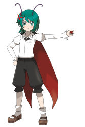Rule 34 | 1girl, absurdres, anger vein, angry, antennae, asatsuki (fgfff), black cape, black shorts, blush, brown footwear, bug, cape, collared shirt, firefly, flat chest, full body, green eyes, green hair, highres, insect, juliet sleeves, long sleeves, open mouth, poke ball, puffy sleeves, red cape, shirt, short hair, shorts, simple background, socks, tomboy, touhou, two-sided cape, two-sided fabric, white background, white shirt, white socks, wriggle nightbug