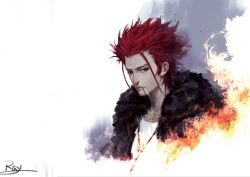Rule 34 | 10s, 1boy, cigarette, fur trim, k-project, male focus, manly, ray (shenchunhui), red eyes, red hair, short hair, signature, solo, suoh mikoto