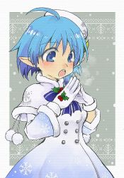 Rule 34 | 1girl, ahoge, blue eyes, blue hair, blush, breasts, coat, crescent, crescent hair ornament, gloves, hair ornament, hat, open mouth, pointy ears, rena lanford, short hair, snow, solo, star ocean, star ocean anamnesis, star ocean the second story, winter clothes, winter coat