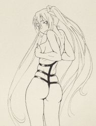 Rule 34 | 1girl, ass, covering privates, covering breasts, cowboy shot, from behind, hatsune miku, long hair, looking back, monochrome, sketch, solo, topless, twintails, very long hair, vocaloid, wavy mouth, wokada