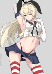 Rule 34 | 1girl, arm up, armpits, black neckerchief, black panties, blonde hair, blue sailor collar, blue skirt, breasts, crop top, elbow gloves, fish can 8, gloves, grey background, grey eyes, hairband, highleg, highleg panties, highres, kantai collection, long hair, looking at viewer, medium breasts, microskirt, neckerchief, panties, parted lips, sailor collar, shimakaze (kancolle), simple background, skindentation, skirt, solo, striped clothes, striped thighhighs, thighhighs, twitter username, underwear, white gloves