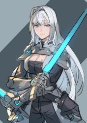 Rule 34 | 1girl, armor, blue eyes, breast tattoo, breasts, cleavage, cleavage cutout, closed mouth, clothing cutout, dual wielding, ethel (xenoblade), grey hair, highres, holding, jeekyl sur, large breasts, long hair, looking at viewer, shoulder armor, simple background, solo, sword, tattoo, very long hair, weapon, xenoblade chronicles (series), xenoblade chronicles 3