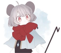 Rule 34 | 1girl, ahoge, animal ears, bad id, bad twitter id, black dress, blue sky, blush, covered mouth, diamond (gemstone), dowsing rod, dress, dual wielding, grey hair, hair between eyes, holding, jewelry, long sleeves, moi2m3, mouse ears, nazrin, pendant, red eyes, red scarf, scarf, shirt, short hair, simple background, sky, solo, touhou, upper body, white background, white shirt