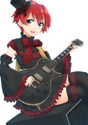 Rule 34 | 1girl, black dress, black thighhighs, blue eyes, bow, cable, detached sleeves, dress, electric guitar, frilled dress, frilled skirt, frilled sleeves, frills, garter straps, guitar, hat, highres, idolmaster, idolmaster million live!, instrument, julia (idolmaster), jun project, looking at viewer, nail polish, open mouth, pink nails, red hair, ribbon, ribbon-trimmed sleeves, ribbon trim, short hair, sitting, skirt, smile, solo, speaker, thighhighs, top hat, vest, wide sleeves