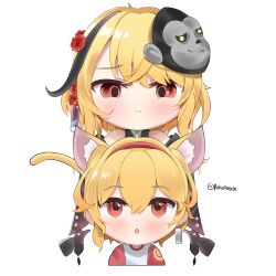Rule 34 | 2girls, animal ear fluff, animal ears, blonde hair, cat ears, cat girl, cat tail, ckia (kaela kovalskia), commentary, cropped torso, english commentary, gorilla mask, hairband, highres, hololive, hololive indonesia, kaela kovalskia, kaela kovalskia (new year), kemonomimi mode, long hair, looking down, looking up, mask, mask on head, multiple girls, multiple persona, official alternate costume, open mouth, red eyes, red hairband, rokusketch, simple background, tail, time paradox, twitter username, virtual youtuber, white background