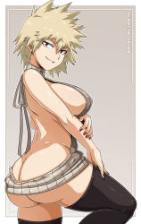 Rule 34 | 1girl, ass, backless dress, backless outfit, bakugou mitsuki, black thighhighs, blonde hair, boku no hero academia, bottomless, breasts, butt crack, commentary, covered erect nipples, dress, female focus, from behind, from side, highres, large breasts, looking at viewer, mature female, meme attire, nail polish, naughty face, no bra, no panties, open clothes, red eyes, red nails, sano br, short hair, sideboob, smile, solo, spiked hair, thighhighs, virgin killer sweater