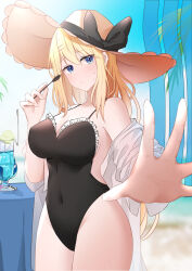 Rule 34 | 1girl, absurdres, beach, black one-piece swimsuit, blonde hair, blue eyes, blurry, breasts, cleavage, covered navel, cowboy shot, day, depth of field, foreshortening, frilled one-piece swimsuit, frills, hat, highres, holding, holding spoon, long hair, looking at viewer, man man, medium breasts, navel, off shoulder, one-piece swimsuit, outdoors, outstretched hand, palm tree, please bully me miss villainess!, robe, sand, solo, spoon, sun hat, sweat, swimsuit, table, tablecloth, tree, tropical drink, very long hair, water, yvonne smollett