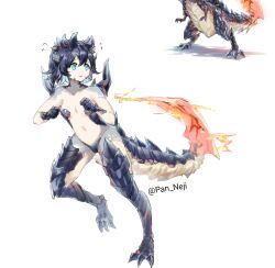 Rule 34 | 1girl, breasts, breath weapon, breathing fire, claws, dragon girl, fire, monster girl, monster hunter (series), nude, pan neji, scales, small breasts, solo, tail