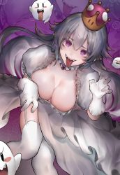Rule 34 | 1girl, absurdres, boo (mario), breasts, brooch, claw pose, cleavage, collar, commentary, detached collar, dress, english commentary, frilled collar, frilled dress, frilled gloves, frilled sleeves, frills, garter straps, gloves, hair between eyes, highres, jewelry, knees together feet apart, large breasts, long hair, looking at viewer, luigi&#039;s mansion, mario (series), neonbeat, new super mario bros. u deluxe, nintendo, pointy ears, princess king boo, puffy short sleeves, puffy sleeves, red eyes, sharp teeth, short sleeves, smile, solo focus, super crown, teeth, thighhighs, tongue, tongue out, very long hair, wavy hair, white dress, white gloves, white hair, white thighhighs