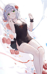 Rule 34 | 1girl, absurdres, black dress, blush, braid, breasts, collarbone, commentary, commentary request, dress, dutch angle, feet out of frame, flower, genshin impact, green eyes, hair flower, hair ornament, highres, looking at viewer, lying, medium breasts, medium hair, noelle (genshin impact), on back, panty straps, parted lips, red flower, red ribbon, red rose, ribbon, rose, silver hair, single wrist cuff, solo, thighhighs, white thighhighs, wrist cuffs, wristband, yajuu