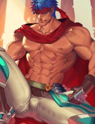 Rule 34 | 1boy, abs, bara, blue eyes, blue hair, bulge, cape, collarbone, cropped, feet out of frame, fingerless gloves, fire emblem, gloves, headband, highres, ike (fire emblem), leg up, male focus, muscular, na insoo, navel, nintendo, nipples, paid reward available, pants, red cape, sitting, solo, tight clothes, tight pants, topless male, white pants