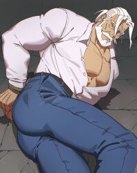 Rule 34 | 1boy, bara, beard, belt, blue eyes, bound, bound wrists, denim, facial hair, highres, jeans, jp (street fighter), large pectorals, long hair, looking at viewer, lying, male focus, mature male, muscular, muscular male, mustache, on side, open mouth, pants, partially unbuttoned, pectoral cleavage, pectorals, sa1k0p, shirt, solo, street fighter, street fighter 6, thick eyebrows, thick mustache, thick thighs, thighs, white hair, white shirt