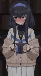 Rule 34 | 1girl, absurdres, black hair, blue archive, blue eyes, blue neckerchief, blush, bookshelf, closed mouth, commentary request, hair between eyes, headband, highres, holding, holding clothes, holding panties, holding underwear, jewelry, kuro (zhurunbo1997), library, long hair, long sleeves, looking away, looking to the side, neckerchief, necklace, panties, presenting removed panties, sailor collar, school uniform, sleeves past wrists, solo, stained panties, sweater, ui (blue archive), underwear