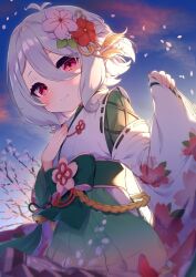 Rule 34 | 1girl, antenna hair, blush, bow, cherry blossoms, closed mouth, cloud, elf, floral print, flower, green bow, green hakama, hair between eyes, hair flower, hair ornament, hakama, hakama skirt, hand on own chest, hand up, highres, japanese clothes, kimono, kokkoro (new year) (princess connect!), kokkoro (princess connect!), long sleeves, looking at viewer, miko, outdoors, petals, pinching sleeves, pink flower, pointy ears, princess connect!, red eyes, red flower, ribbon trim, short hair, skirt, sky, sleeves past wrists, smile, solo, tofu1601, white flower, white kimono, wide sleeves