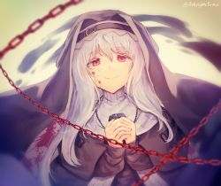 Rule 34 | 1girl, arknights, black dress, blood, blood on face, chain, commentary request, crying, crying with eyes open, dress, gradient background, grey hair, habit, hair between eyes, hands up, highres, long hair, long sleeves, multicolored background, nun, off-shoulder dress, off shoulder, own hands clasped, own hands together, praying, red eyes, ribbed sweater, smile, solo, specter (arknights), sweater, tears, upper body, white sweater, yama yama2533