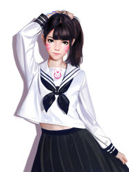 Rule 34 | 1girl, aged down, animal print, black eyes, black neckerchief, blouse, closed mouth, cowboy shot, d.va (overwatch), facial mark, highres, holding, holding own hair, liang xing, lips, looking at viewer, neckerchief, overwatch, overwatch 1, pleated skirt, rabbit print, realistic, school uniform, serafuku, shirt, short hair, short ponytail, skirt, smile, solo, standing, whisker markings, white background, white shirt