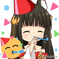 Rule 34 | 1girl, ^ ^, animal ear fluff, animal ears, azur lane, black hair, blunt bangs, blush, closed eyes, collarbone, commentary request, detached sleeves, dress, emoji, fox ears, hair ornament, hand up, hat, holding, long hair, long sleeves, mitya, nagato (azur lane), party hat, party whistle, pleated dress, red dress, red hat, solo, strapless, strapless dress, tilted headwear, twitter username, upper body, white background, white sleeves, wide sleeves