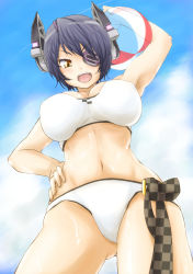 Rule 34 | 10s, 1girl, armpits, ball, bare arms, beach, beachball, bikini, breasts, cleavage, cloud, commentary request, day, eyepatch, female focus, from below, gradient background, hair between eyes, hand on own hip, headgear, highres, kantai collection, kumimin, large breasts, looking at viewer, midriff, navel, open mouth, outdoors, short hair, sky, solo, swimsuit, tenryuu (kancolle), white bikini, yellow eyes